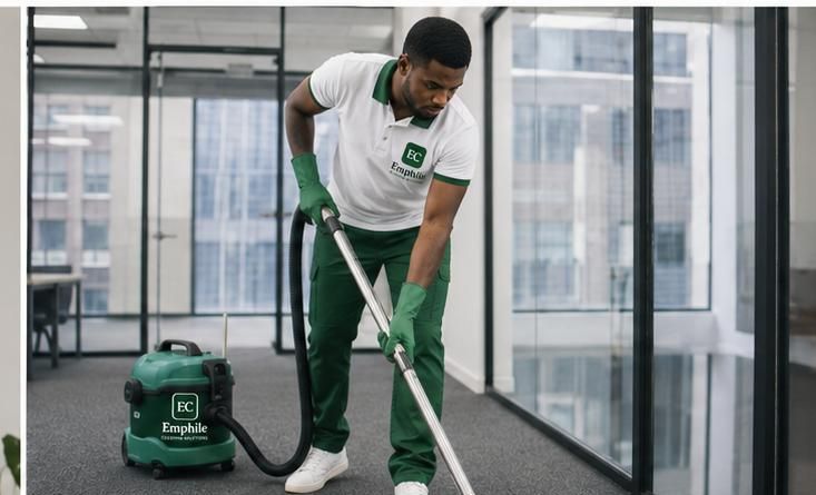 Emphile staff member in branded uniform vacuuming a commercial office carpet