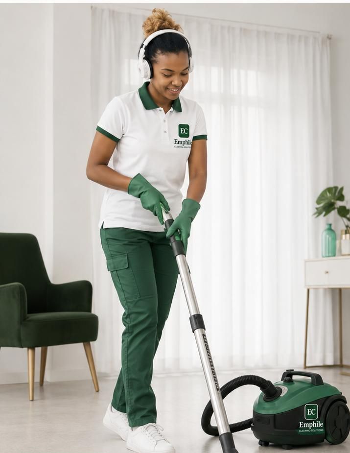Emphile staff member in branded uniform vacuuming a residential living room