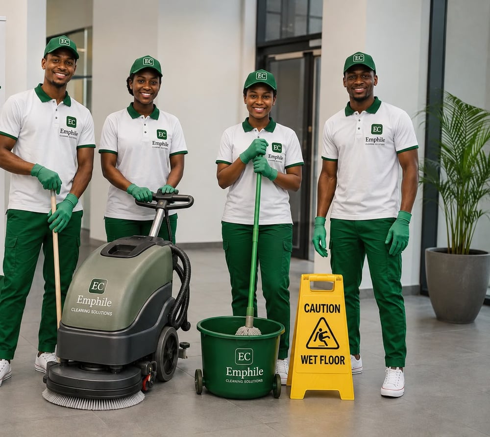 Emphile Cleaning Solutions uniformed team with cleaning equipment